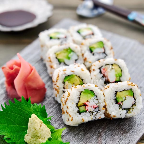 MISO SEAFOOD's California rolls with avocado, crab, and sesame seeds, served with ginger and wasabi.
